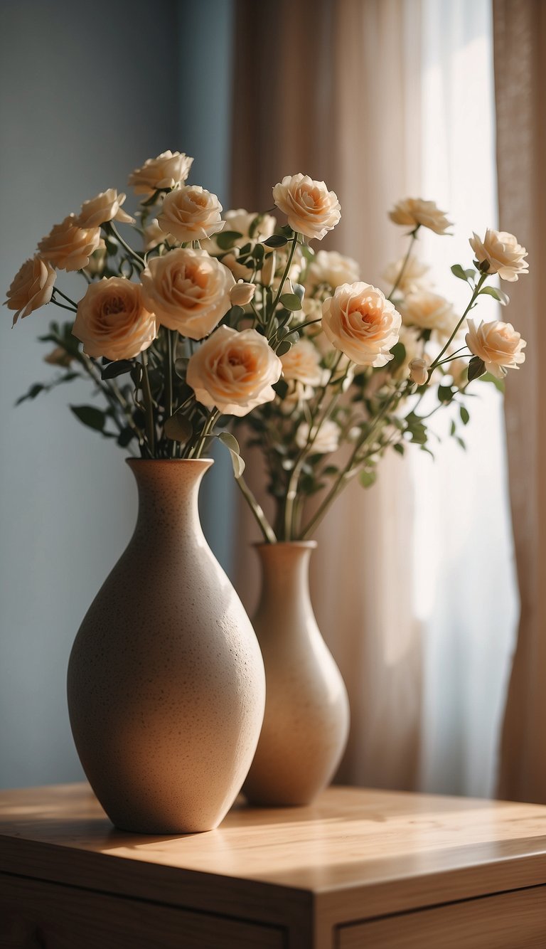 Stone-colored vases sit on a wooden dresser in a serene, neutral-toned bedroom. The soft, natural light filters in through the sheer curtains, casting a gentle glow on the minimalist decor