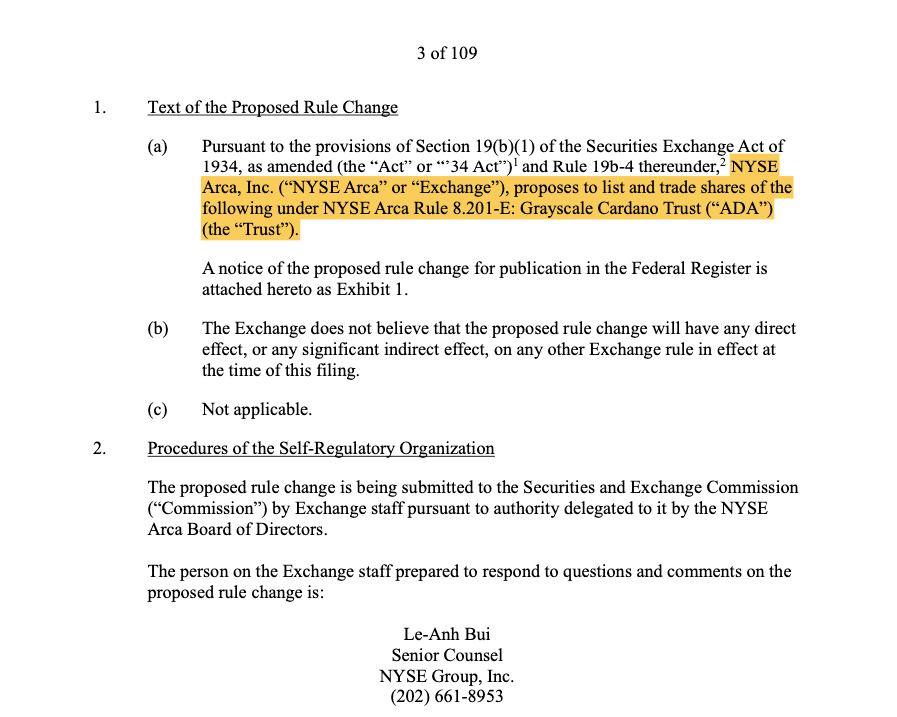 متن درخواست NYSE Arca از طرف گری اسکیل برای راه‌اندازی ETF کاردانو
