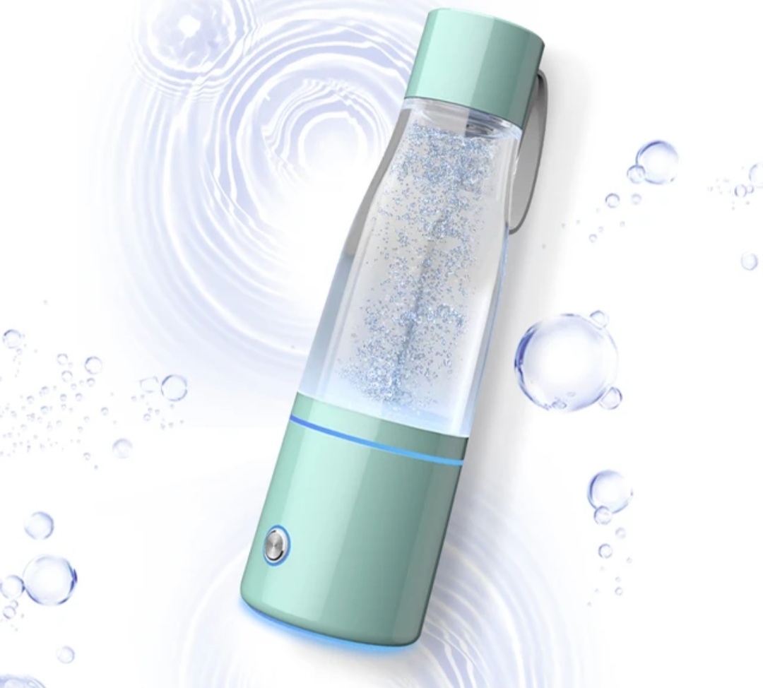 hydrogen water bottle with bubbles around it