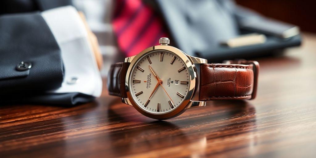 Elegant watch on a desk, complementing business attire.