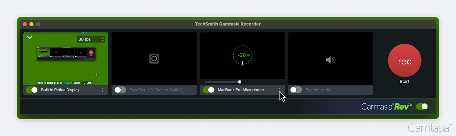 Turn on camera, microphone, and system audio options