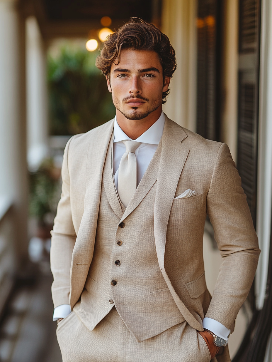 young man standing in Light tan suit, warm and neutral tones, perfect for spring and summer weddings, bright daytime and outdoor settings, ideal for casual, semi-formal, or beach weddings, relaxed yet sophisticated vibe