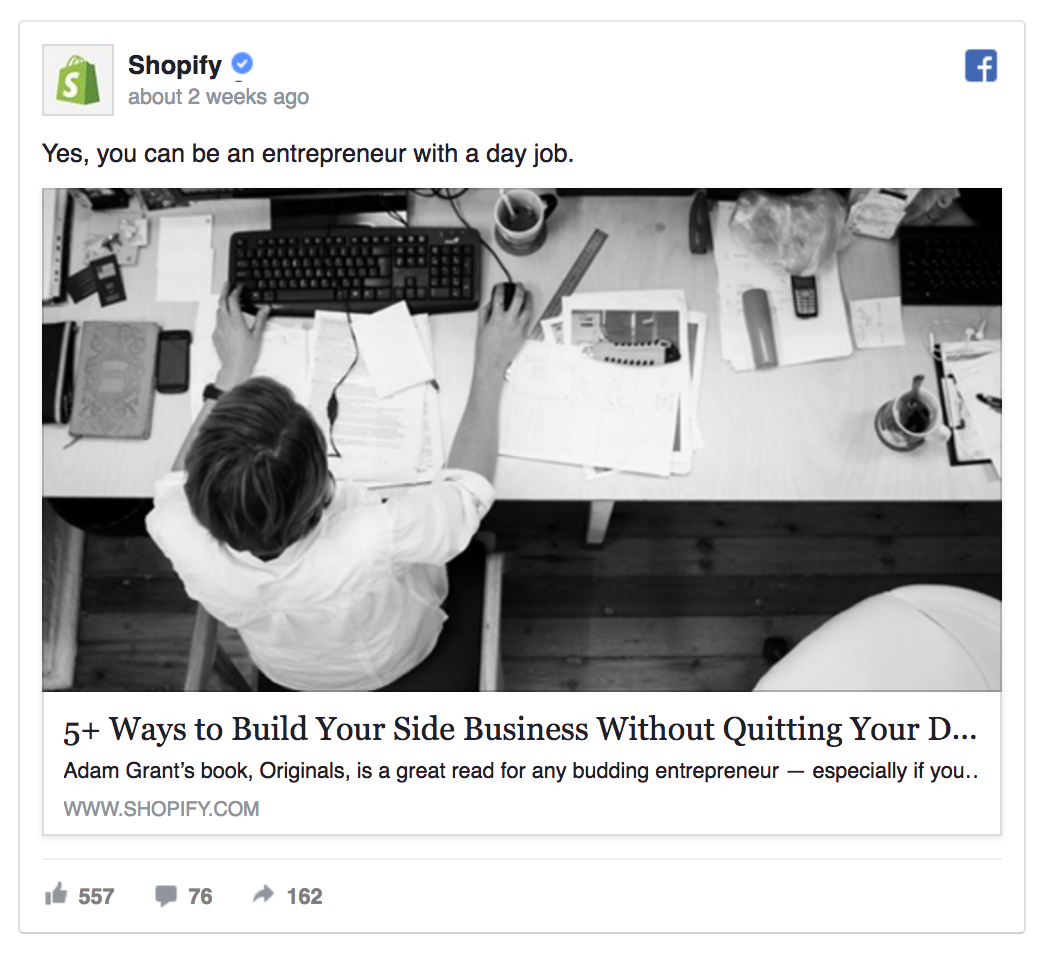 Shopify’s Facebook ad is sharing helpful content.