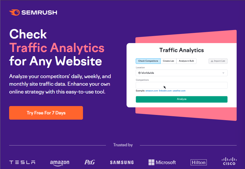 SEMrush’s traffic analytics landing page displays a sleek interface with a prominent CTA.