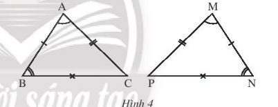 CHƯƠNG 8: TAM GIÁCBÀI 2: TAM GIÁC BẰNG NHAU1. HAI TAM GIÁC BẰNG NHAUBài 1: Dùng kéo cắt một tờ giấy thành hình tam giác ABC. Đặt tam giác ABC lên tờ giấy thứ hai. Vẽ và cắt theo các cạnh của tam giác ABC thành tam giác A B'C'. Hãy so sánh các cạnh và các góc của hai tam giác ABC và A'B'C'.Đáp án chuẩn: AB = A'B'; AC = A'C'; BC = B'C'A=A' ; B=B';C=C' .Thực hành 1: Quan sát hình 4. Hai tam giác ABC và MNP có bằng nhau không? Hãy chỉ ra các cặp góc và các cặp cạnh tương ứng bằng nhauĐáp án chuẩn: AB = MN; AC = MP; BC = NP.A=M; B=N; C=PVận dụng 1: Trong Hình 5, cho biết △GHI=△MNP. Hãy tính số đo góc M và độ dài cạnh GI.Đáp án chuẩn: GI = 5 cm2. CÁC TRƯỜNG HỢP BẰNG NHAU CỦA HAI TAM GIÁCBài 2: Cho tam giác ABC như trong Hình 6a. Lấy một tờ giấy, trên đó vẽ tam giác A'B'C' có ba cạnh bằng ba cạnh của tam giác ABC theo các bước:- Vẽ đoạn thẳng B'C' = CB- Vẽ cung tròn tâm B' có bán kính bằng BA, vẽ cung tròn tâm C' có bán kính bằng CA- Hai cung tròn trên cắt nhau tại A'- Vẽ các đoạn thẳng B'A', C'A', ta được tam giác A'B'C'(Hình 6b).Em hãy cắt rời tam giác A B'C' ra khỏi tờ giấy vừa vẽ và thử xem có thể đặt chồng khít tam giác A'B'C' lên tam giác ABC hay không. Theo em hai tam giác ABC và A'B'C' trong trường hợp này có bằng nhau hay không?Đáp án chuẩn: hai tam giác ABC và A'B'C' trong trường hợp này bằng nhau.Bài 3: Cho tam giác ABC như trong Hình 8a. Lấy một tờ giấy, trên đó vẽ tam giác A'B'C' có B=B', B'A' = BA, B'C' = BC theo các bước:- Vẽ  xB'y =  ABC- Trên tia B'x lấy đoạn B'A' = BA- Trên tia B'y lấy đoạn B'C' = BC- Vẽ đoạn A'C', ta được tam giác A'B'C' (Hình 8b)Em hãy cắt rời tam giác A'B'C' ra khỏi tờ giấy vừa vẽ và thử xem có thể đặt chồng khít tam giác A'B'C' lên tam giác ABC hay không? Theo em, hai tam giác ABC và A'B'C' trong trường hợp này có bằng nhau hay không? Đáp án chuẩn: hai tam giác ABC và A'B'C' trong trường hợp này bằng nhau.Bài 4: Cho tam giác ABC như trong Hình 8a. Lấy một tờ giấy, trên đó vẽ tam giác A'B'C' có Bˆ=B′ˆ, B'A' = BA, B'C' = BC theo các bước:- Vẽ đoạn thẳng B'C