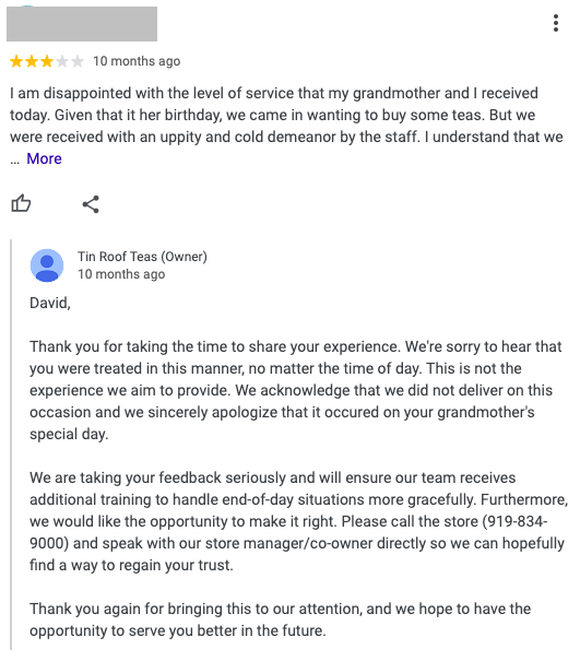 Negative review response example