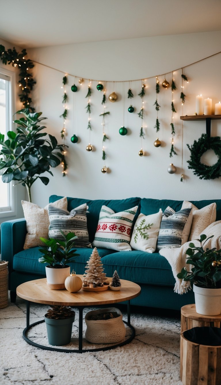 A cozy living room adorned with sustainable Christmas decor, including handmade ornaments, potted plants, and recycled materials