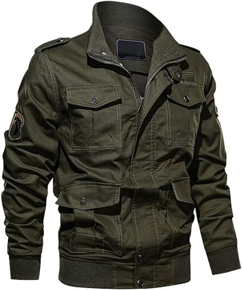 An army jacket in black with flap closures, hidden zippered compartments, and detachable pouches