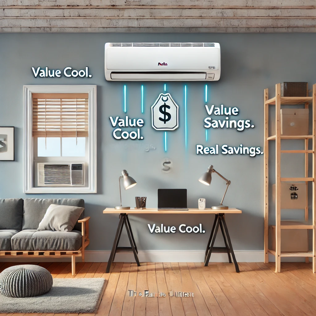 A basic room cooled by a Della mini-split, with budget-focused design, minimalist decor, and simple unit details that emphasize affordability.