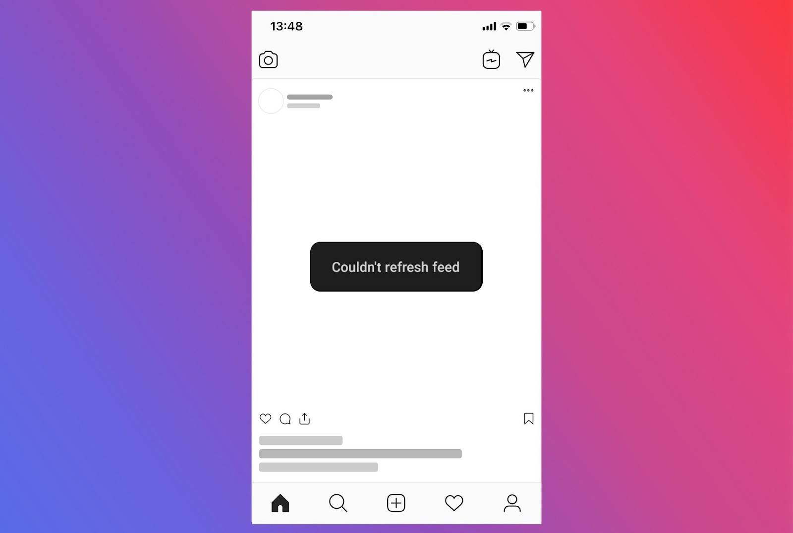 Instagram home page mockup showing a "Couldn't refresh feed" error message