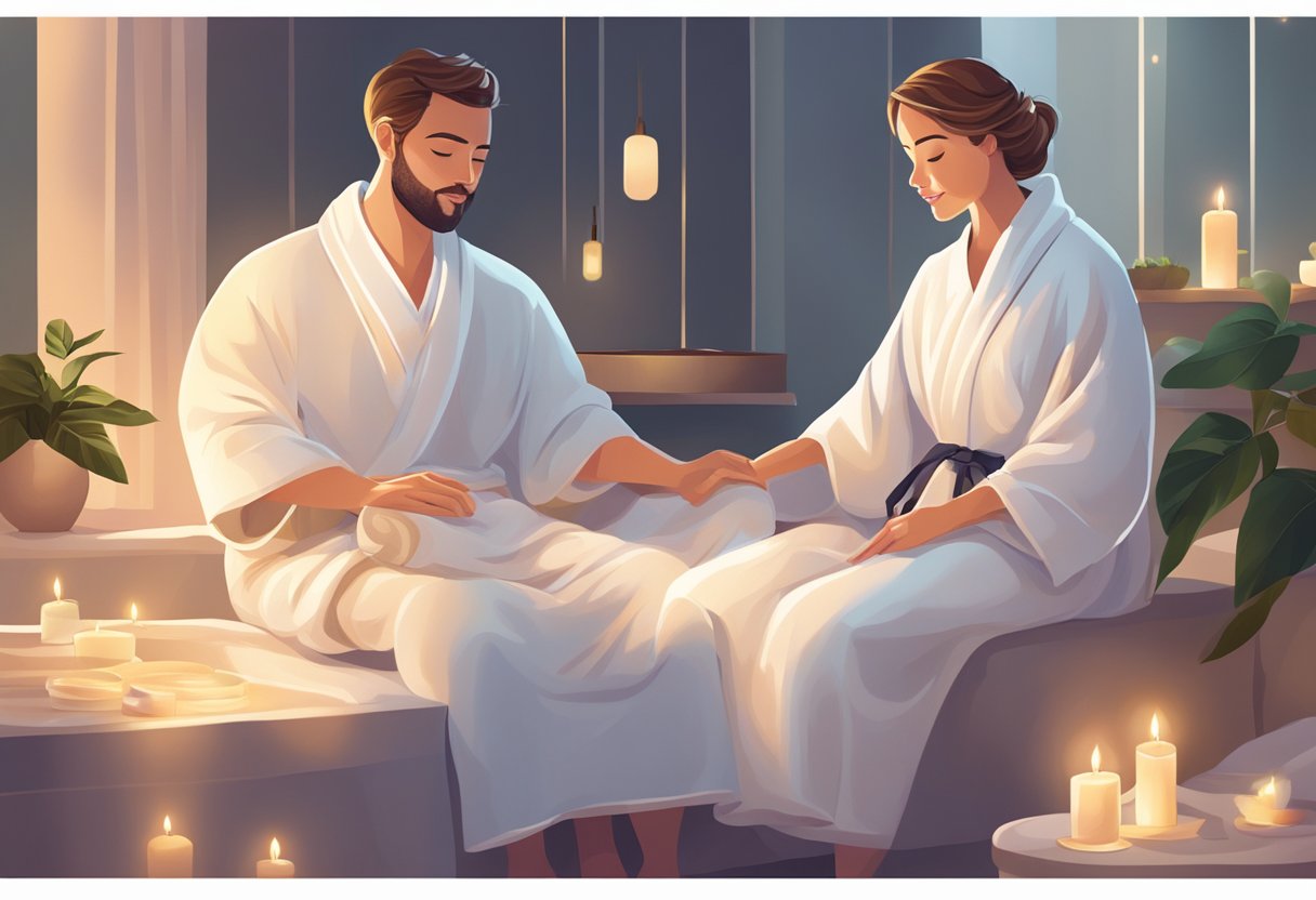 A couple enjoying a relaxing spa treatment together, surrounded by soft lighting, plush robes, and serene decor