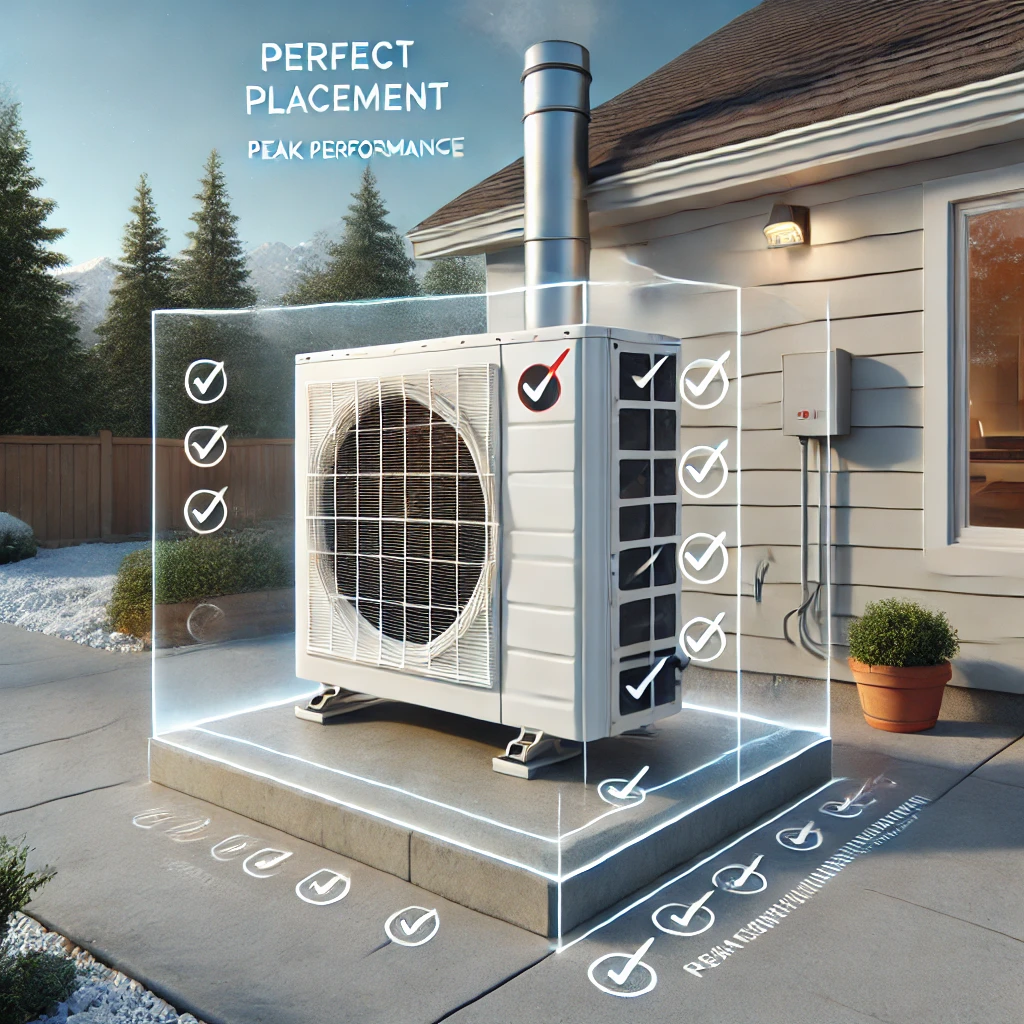 Mini-split condenser installed with correct spacing, elevation, shading, and service access based on HVAC best practices