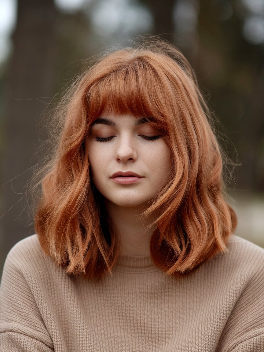 31. Copper Wavy Lob with Curtain Bangs