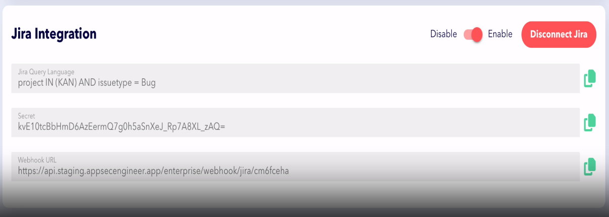 Jira Integration settings with enable toggle and disconnect button.