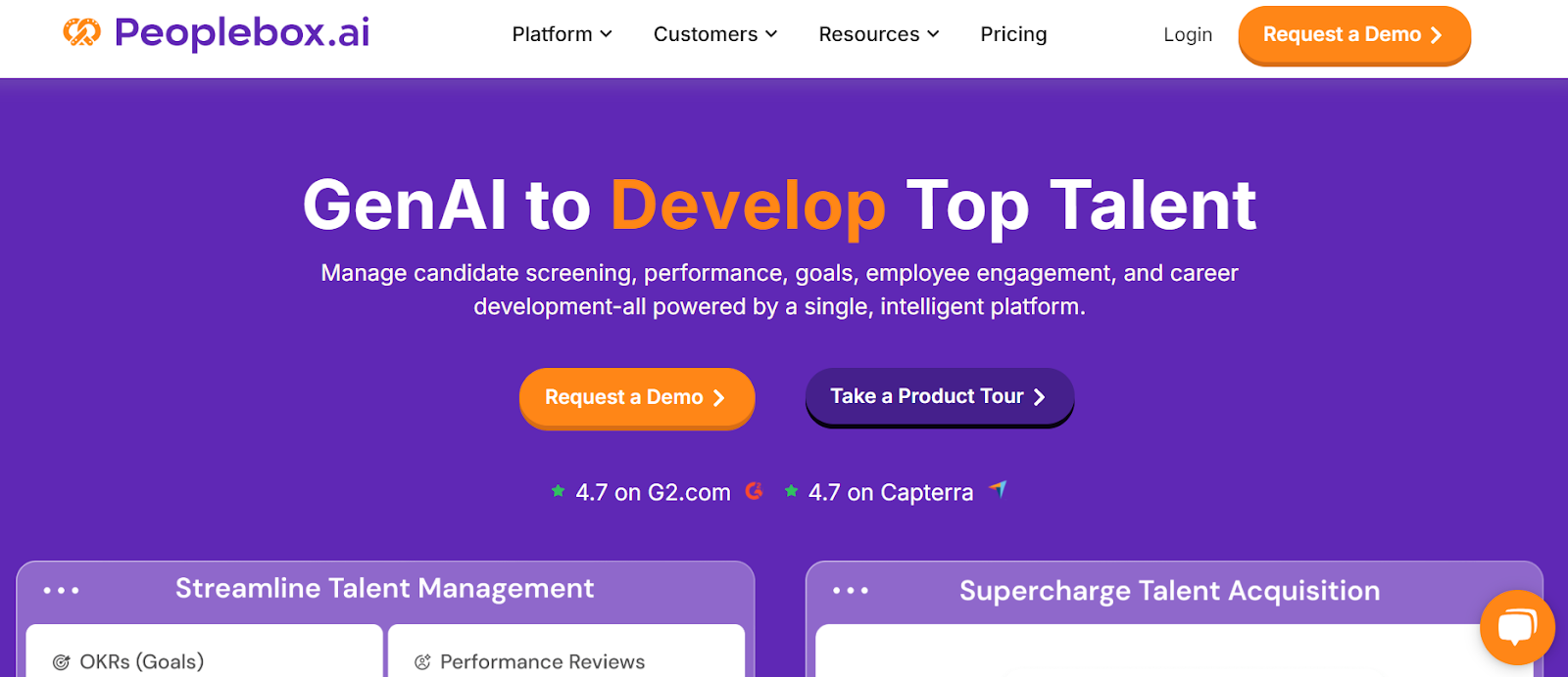 Peoplebox.ai homepage showcasing its GenAI-powered platform to develop top talent, with options for streamlining talent management and enhancing talent acquisition. Prominent call-to-action buttons for requesting a demo or product tour are visible.