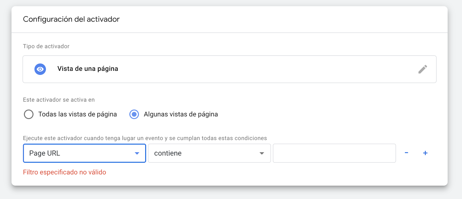 Vista de una página en google tag manager