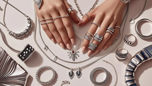 Hands adorned with layered silver rings and necklaces, surrounded by assorted bold and intricate silver jewelry pieces on display.