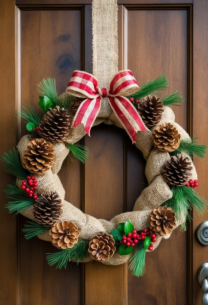 A rustic burlap wreath adorned with pinecones, berries, and a festive bow hangs on a wooden door