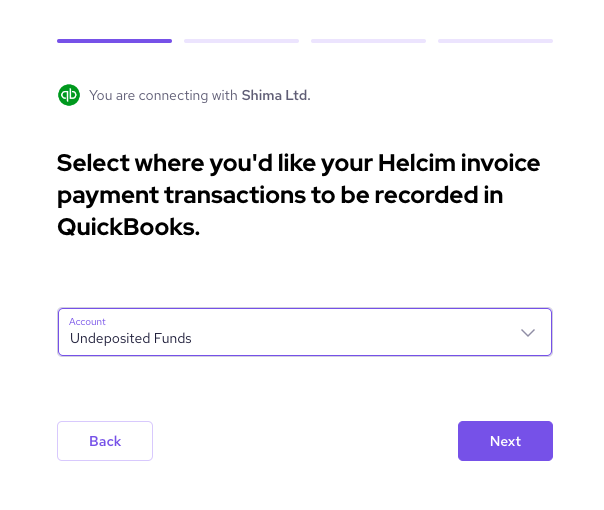 Select QuickBooks account to integrate invoices in Helcim