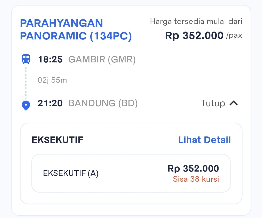 Harga Tiket KA Parahyangan Panoramic (134PC) Gambir (GMR) – Bandung (BD)
