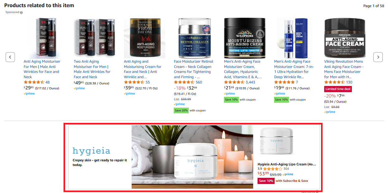 Amazon listing screenshot with Sponsored display ads example