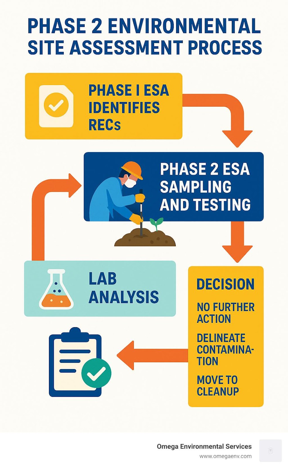 Infographic showing the Phase 2 ESA process: Phase I ESA identifies RECs → Phase 2 ESA sampling and testing → Lab analysis → Decision: No further action, delineate contamination, or move to cleanup. - what is a phase 2 environmental site assessment infographic 
