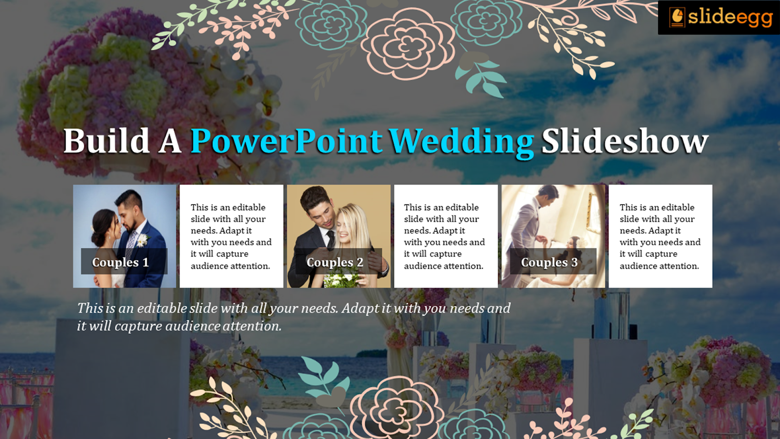 Editable wedding slideshow template with sections for couple photos and customizable text