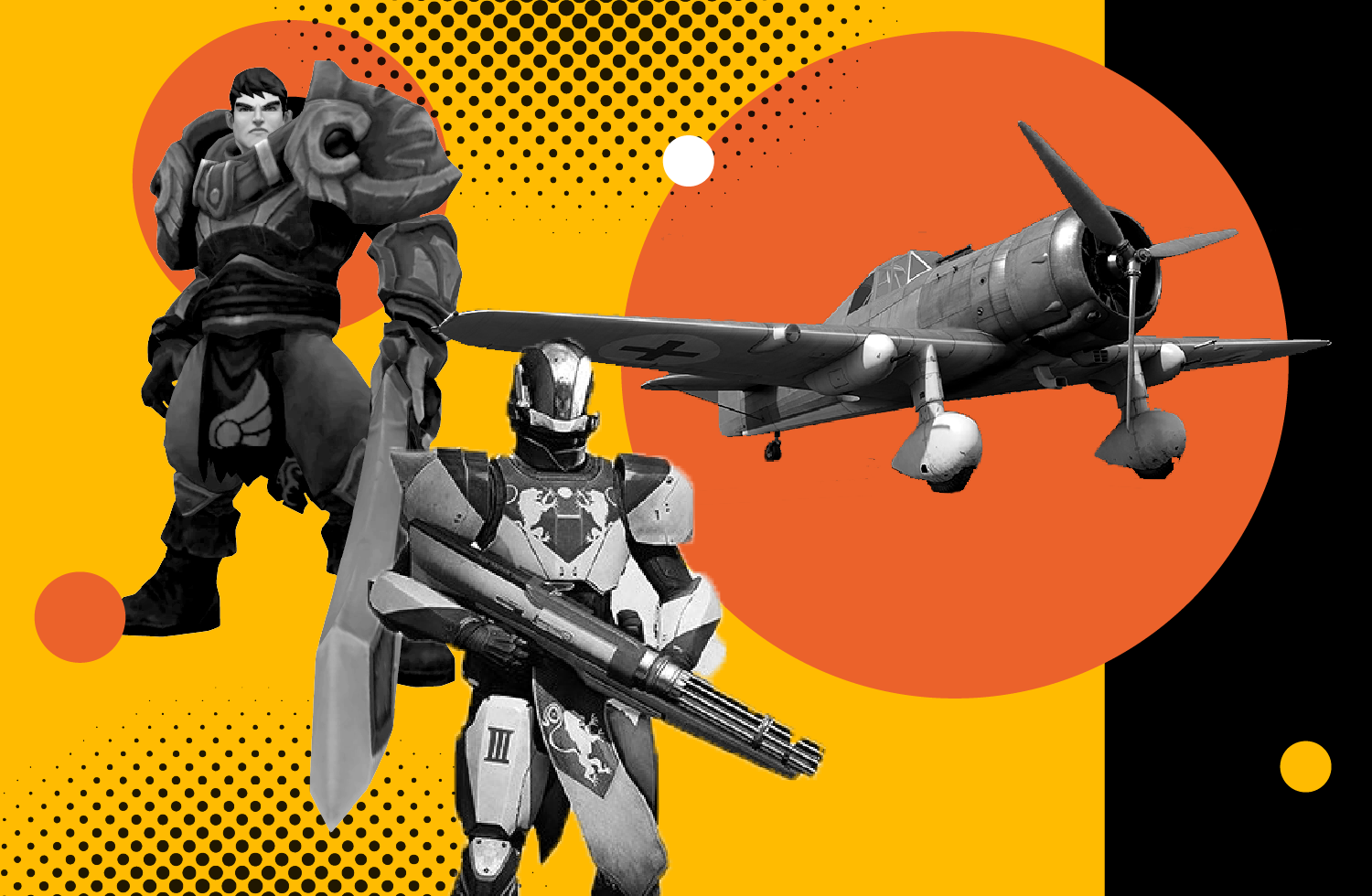 Grayscale photos of Garen from League of Legends, a Guardian from Destiny 2, and a War Thunder plane across a stylized background