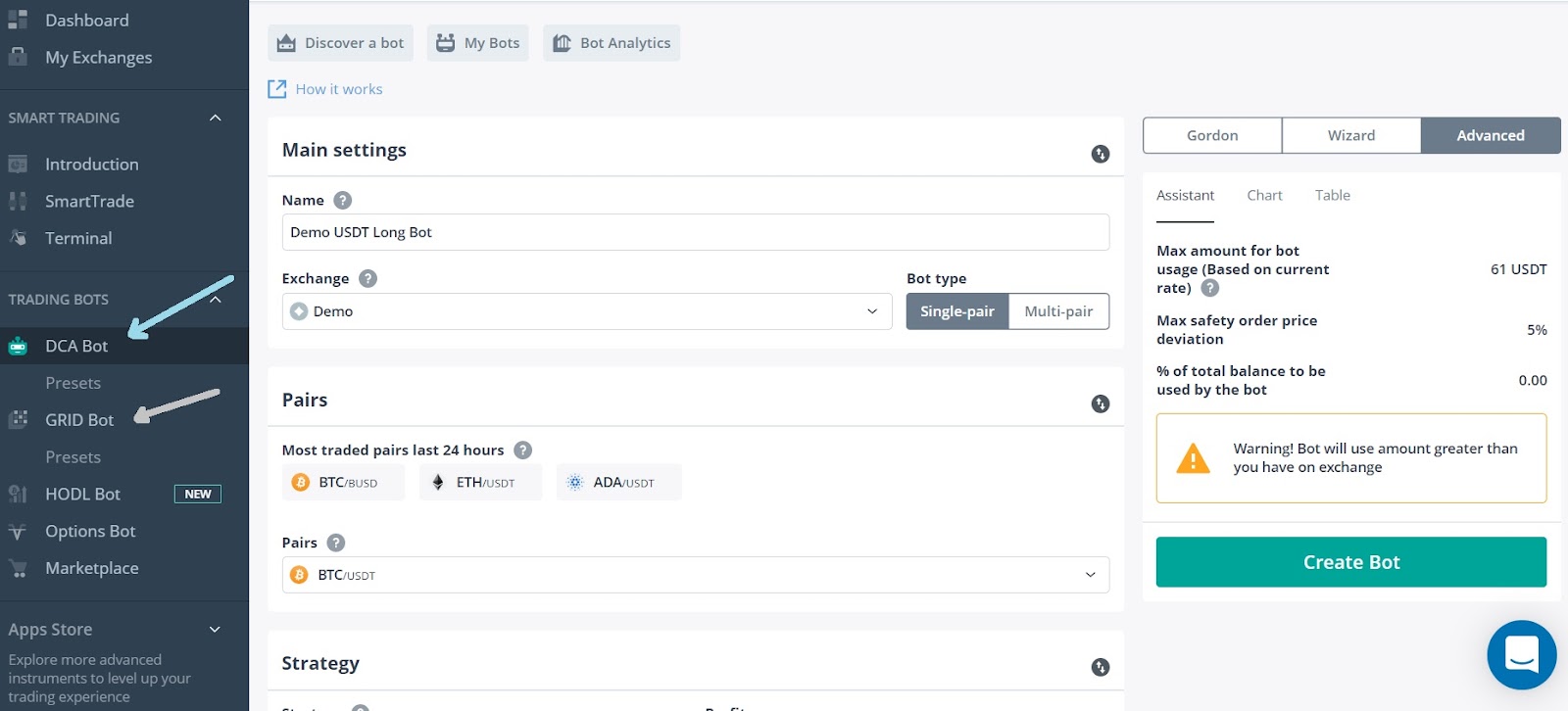 Screenshot of a DCA Bot setup on a trading platform, showing main settings, pairs, and strategy options for automated trading.