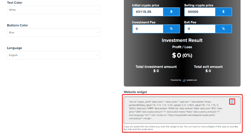 Copy the HTML of Crypto mining calculator website widget