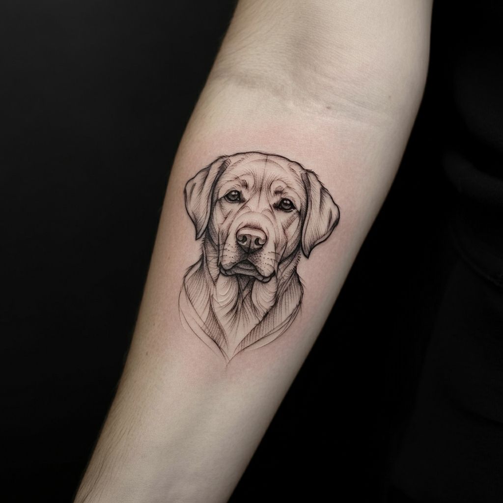 black and white sketch of a Labrador’s face