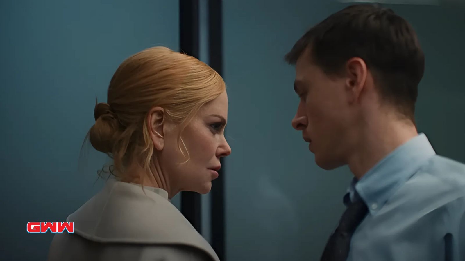 Nicole Kidman and Harris Dickinson looking at each other intensely