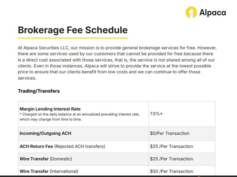alpaca fees and deposit dashboard 