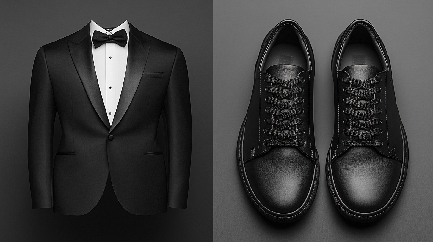 On the left side, a classic black tuxedo, elegantly displayed, crisp and sophisticated. On the right side, black leather sneakers, polished and sleek, complementing the tuxedo’s formal style with a modern twist. The background is minimal, enhancing the refined and fashion-forward vibe.