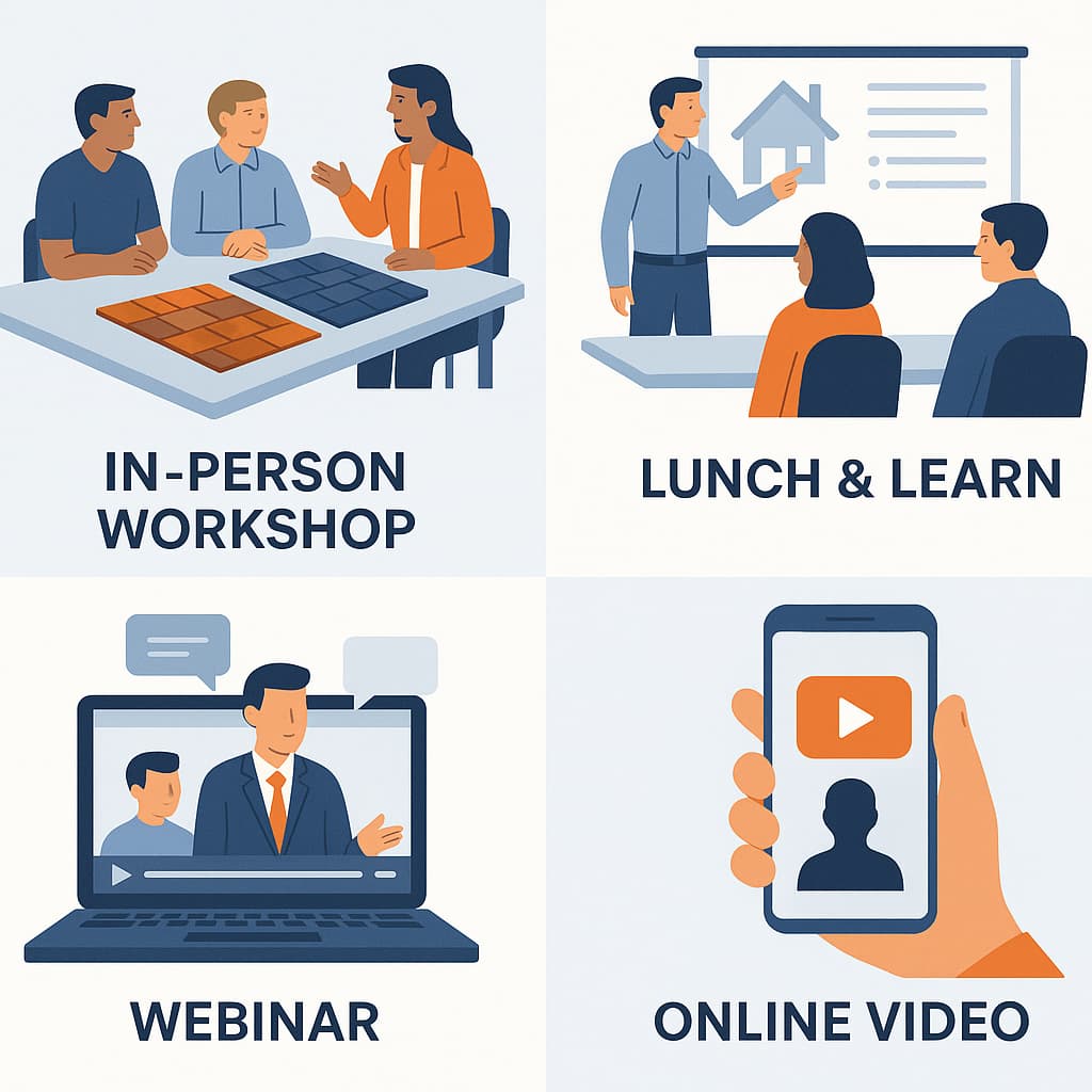 Four effective training delivery methods for real estate agent roofing education programs to generate leads.