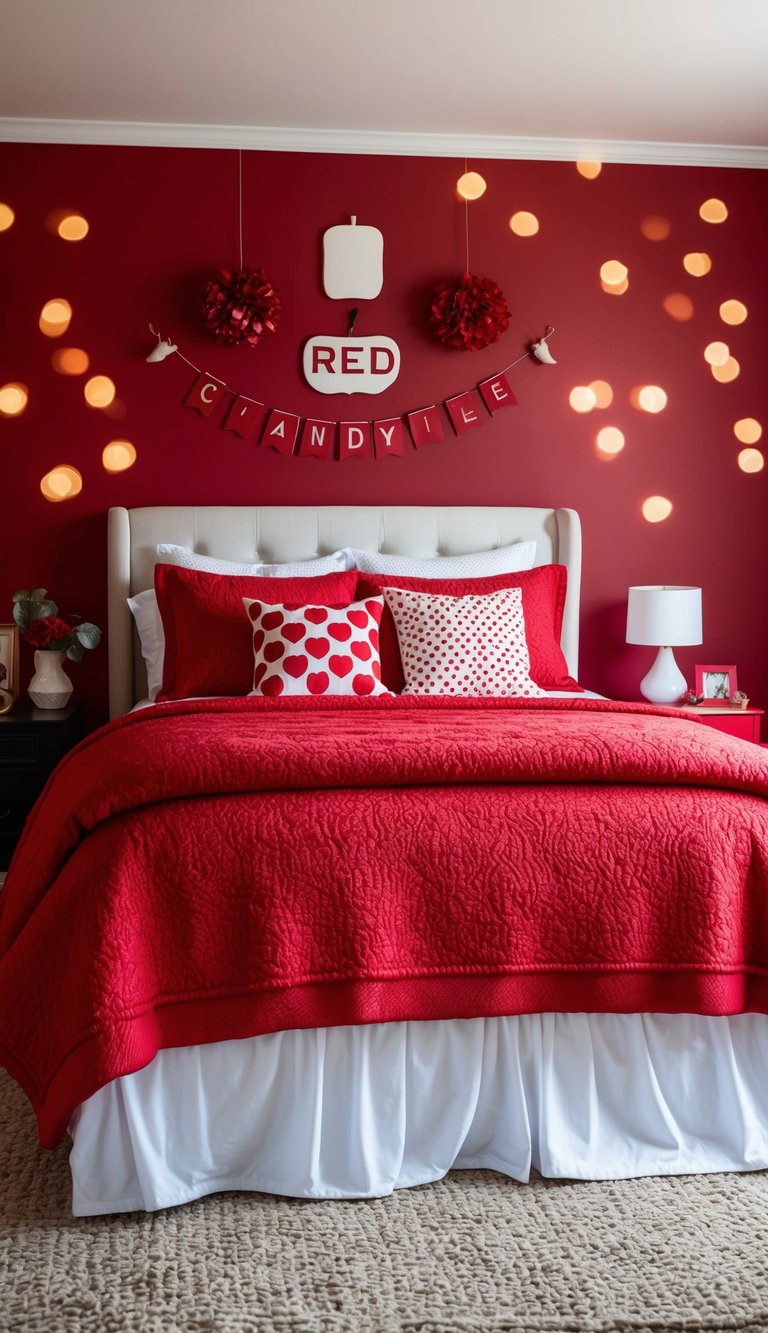 A cozy red bedroom with candy apple bed cover, adorned with 25 red-themed decor ideas