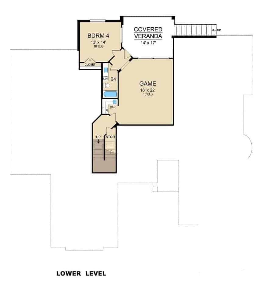 Lower level floor plan with a bedroom and a game room sharing a full bath.