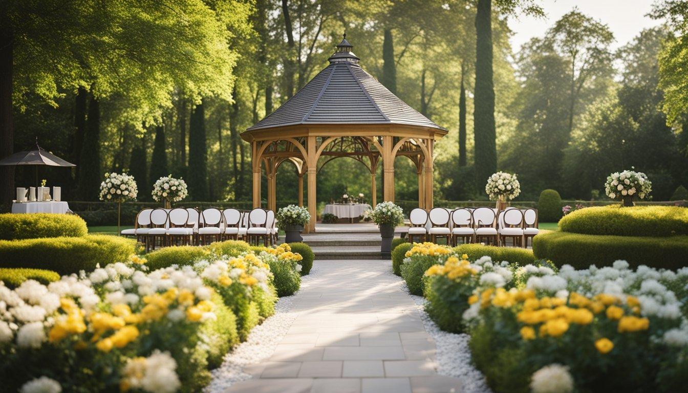 A sunny outdoor wedding venue with a lush garden, blooming flowers, and a picturesque gazebo. Nearby, an elegant indoor venue with grand chandeliers and luxurious decor