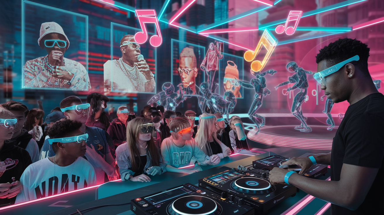 Create a realistic image of a futuristic urban setting with holographic displays showing iconic hip hop artists, a diverse crowd of young people wearing AR glasses, a black male DJ using advanced touchless equipment, vibrant neon lights, floating music notes, and robotic dance performers on a stage, symbolizing the evolution and future of hip hop culture.