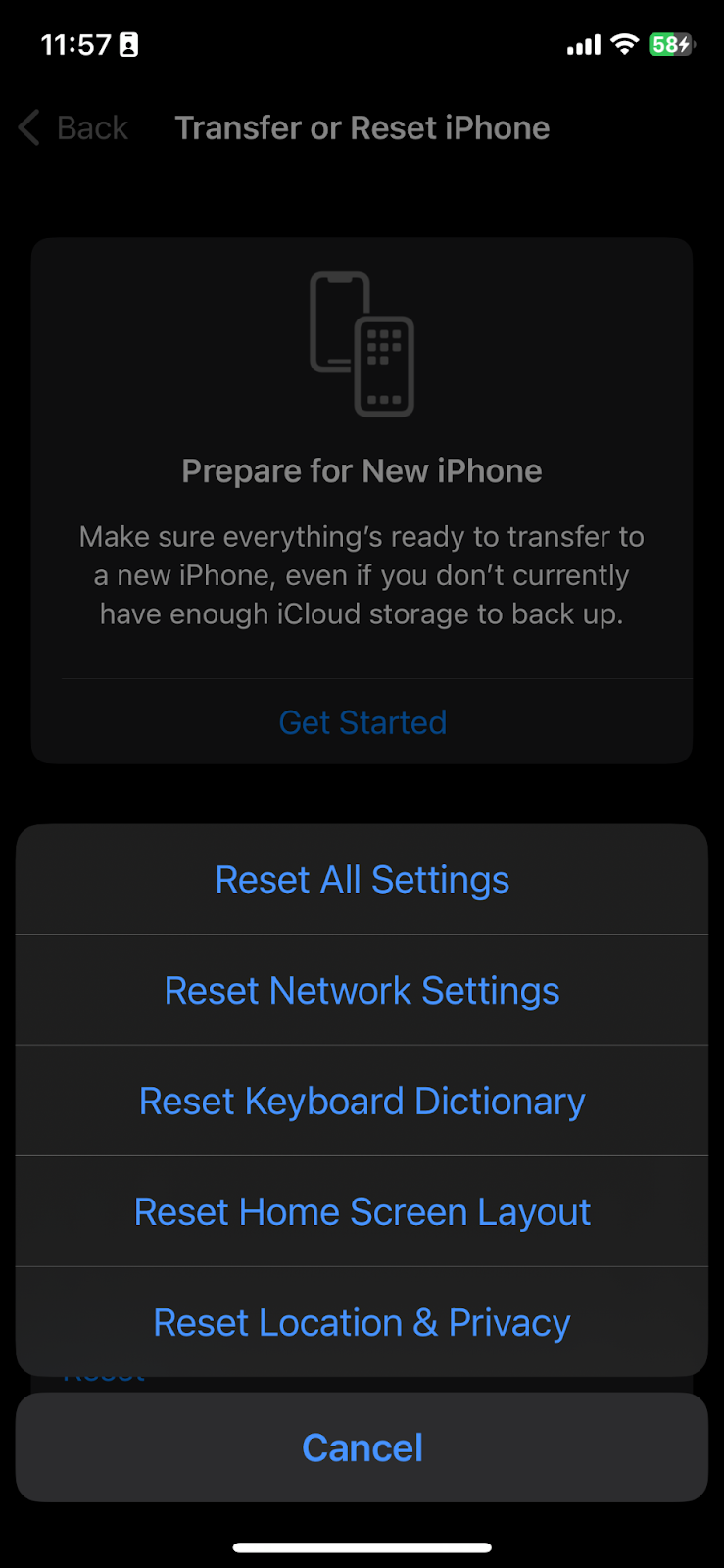 Reset all settings