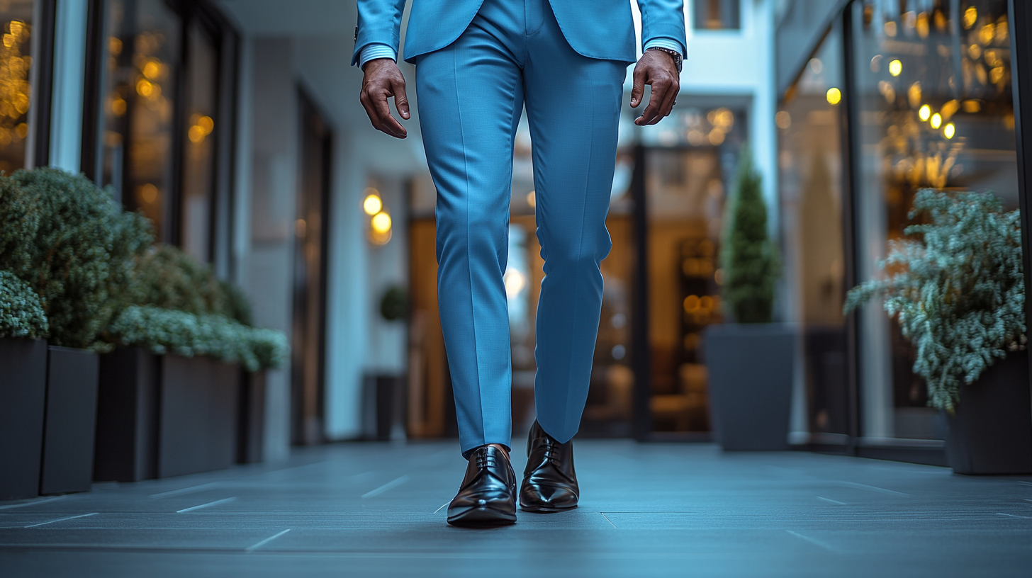 A man wearing a light blue suit with black shoes, creating a fresh and polished look. The suit is light, soft blue, tailored with precision, giving a clean and airy feel. The black shoes are sleek and shine under the sunlight, adding a sharp contrast to the soft blue suit. The man is in a relaxed yet confident pose, perfect for a daytime event like a brunch or a casual wedding. The background shows an outdoor setting with bright, natural light highlighting the outfit. Subtle accessories like a pocket square and a simple tie complete the outfit, emphasizing a balanced, stylish, and modern look.