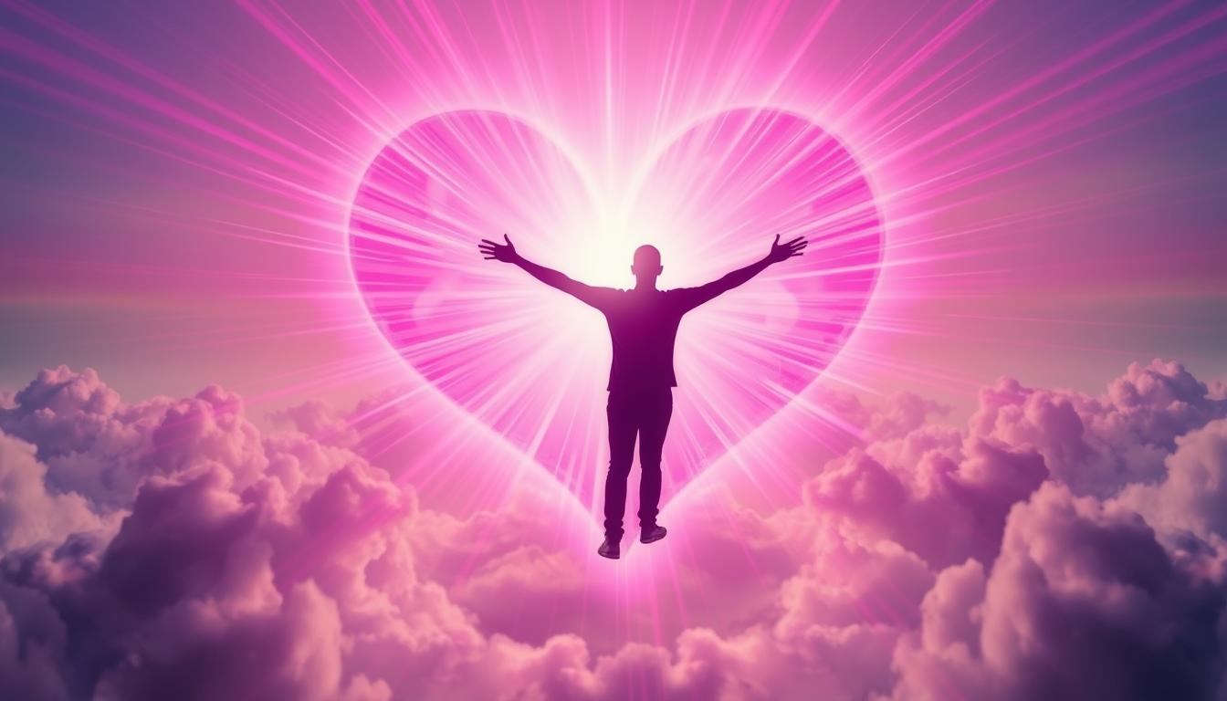 A person standing in the center of a heart-shaped vortex, surrounded by rays of pink and purple light that symbolize love and attraction. The person's arms are extended outward, as if welcoming love into their life. In the background, there are clouds that gradually part to reveal a bright, shining sun, representing the manifestation of positive energy and abundance in the person's life.