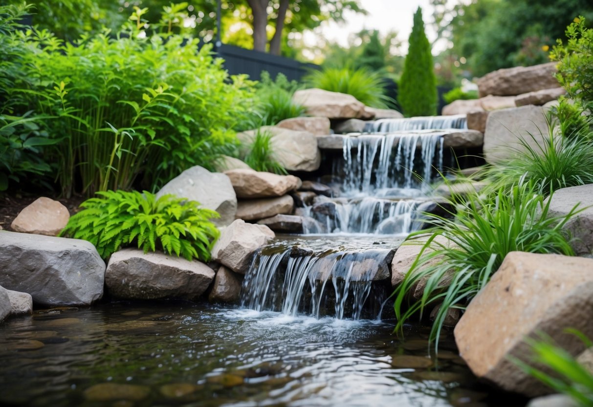 A backyard with a small waterfall cascading into a winding stream surrounded by lush greenery and rocks, with a budget-friendly design