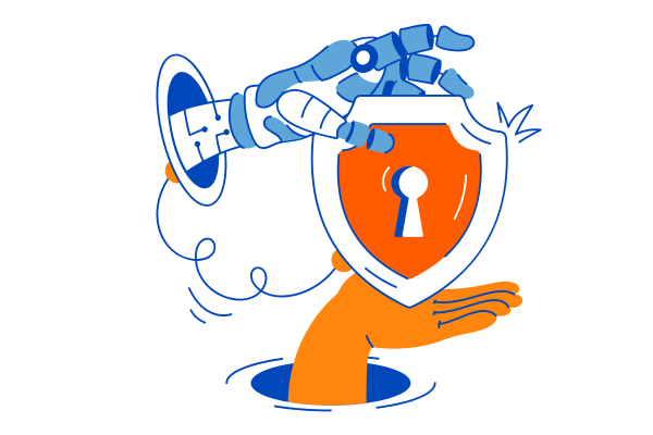 Robot arm and human arm holding a keyhole to symbolize artificial intelligence privacy concerns
