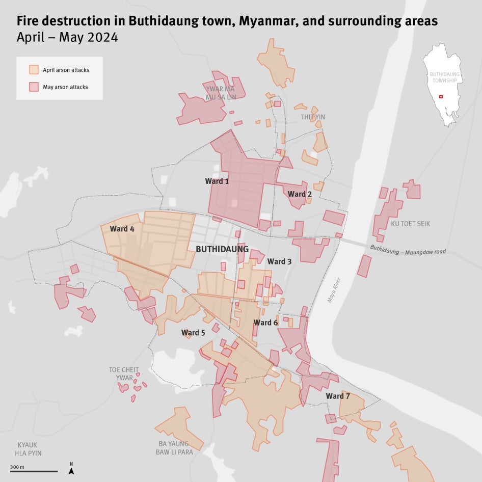 Main areas damaged by fire across wards in Buthidaung town and its outskirts.