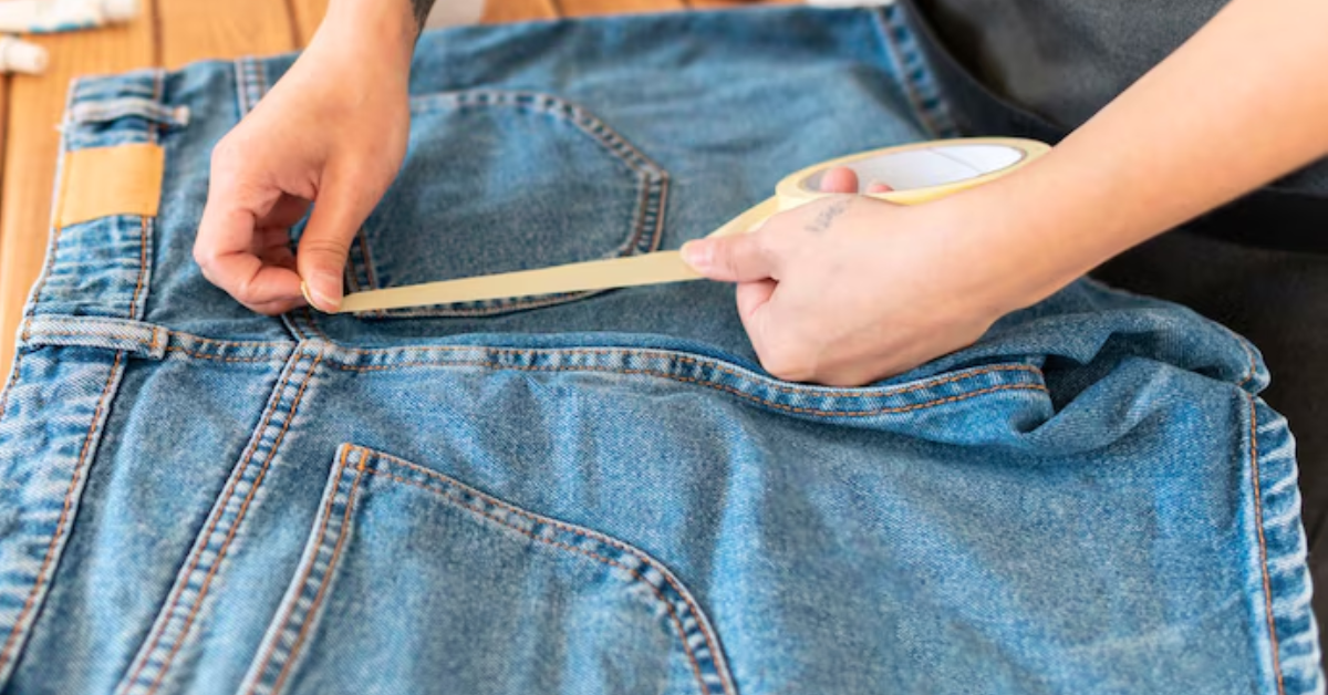 A person skillfully cuts a piece of denim fabric with a pair of scissors, showcasing precision in textile work.