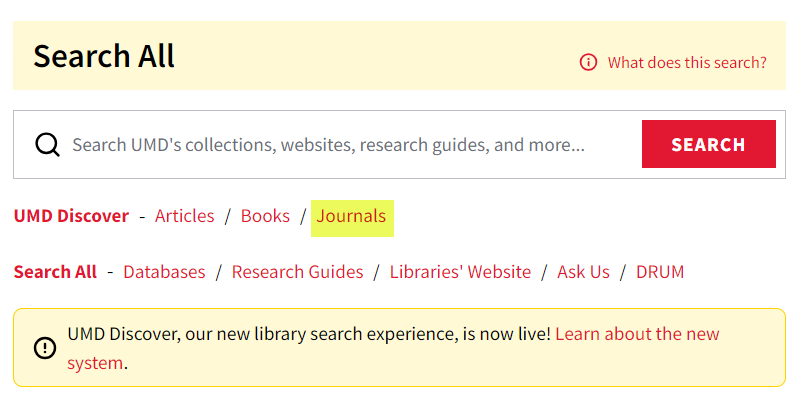 Screenshot of the Libraries homepage highligting the location of the journals search option