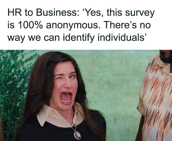 HR to business: 'Yes, this survey is anonymous. There's no way we can identify individuals.' Wink meme