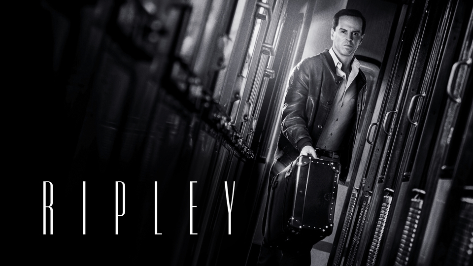 Ripley series poster< a man standing in a hallway with briefcase