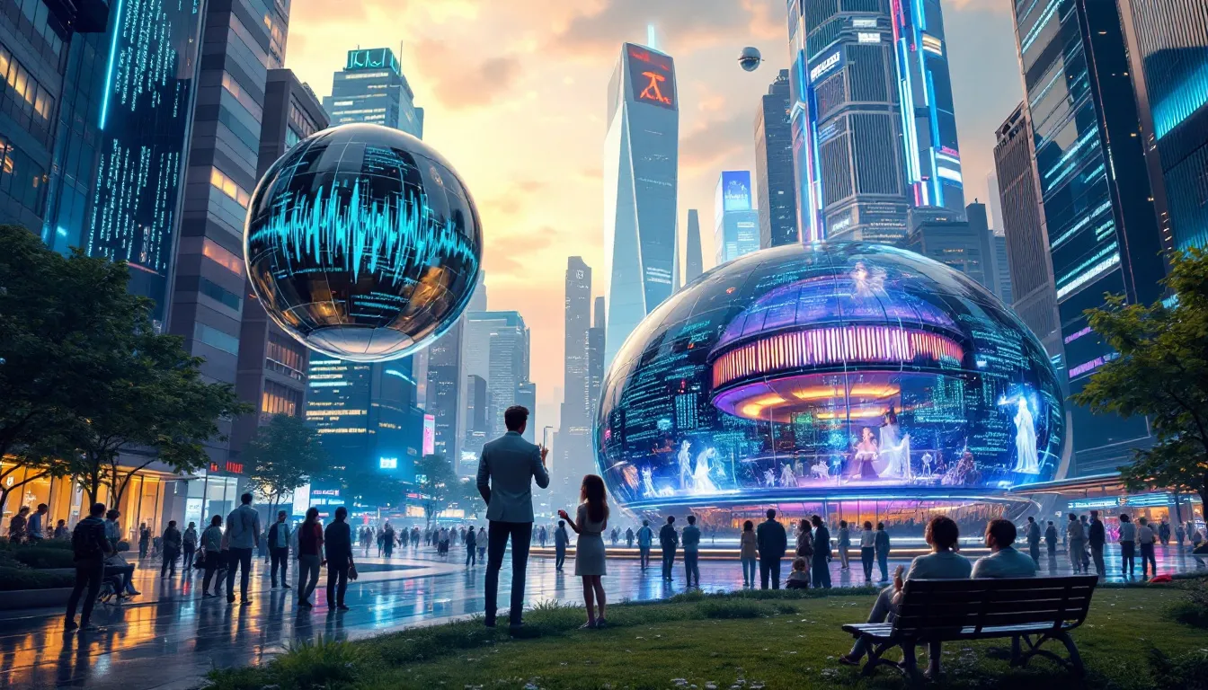 An illustration of future applications of AI voice cloning in various industries, including virtual assistants and entertainment.